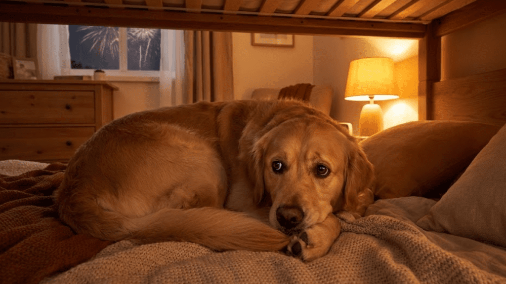 Cachorro assustado escondido embaixo da cama durante fogos de artifício