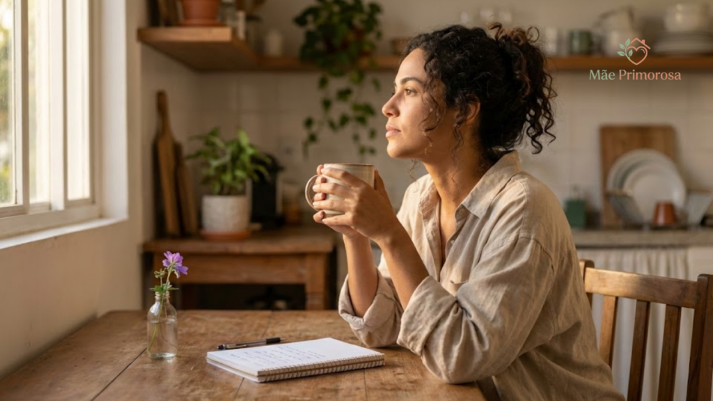 Mulher tomando café e refletindo sobre seus planos na quarta-feira de cinzas