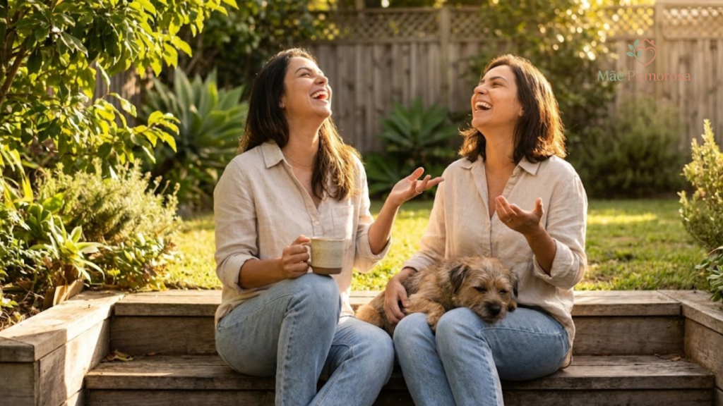 Irmãs gêmeas rindo em uma conversa descontraída na quarta-feira de cinzas. Uma toma café e a outra segura o cachorro no colo.