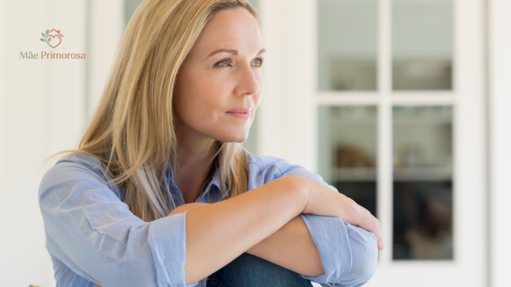 Mulher loira sentada com braços cruzados sobre os joelhos pensando Como Fazer o Exame de Consciência Voltado para a Maternidade e Vida Familiar