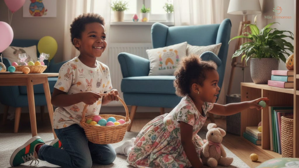 Duas crianças negras, uma menina de 3 anos e um menino de 5 anos, brincando de caça aos ovos de páscoa na sala do apartamento. Aprenda Como Fazer uma Caça aos Ovos de Páscoa Criativa Dentro de Apartamento.