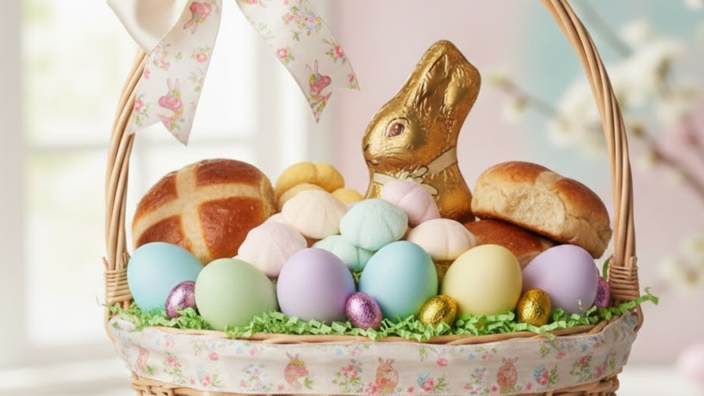 cesta de pádcoa contendo pães, um coelho de chocolate, ovos coloridos, para representar o significado dos símbolos da Páscoa cristã para ensinar às crianças