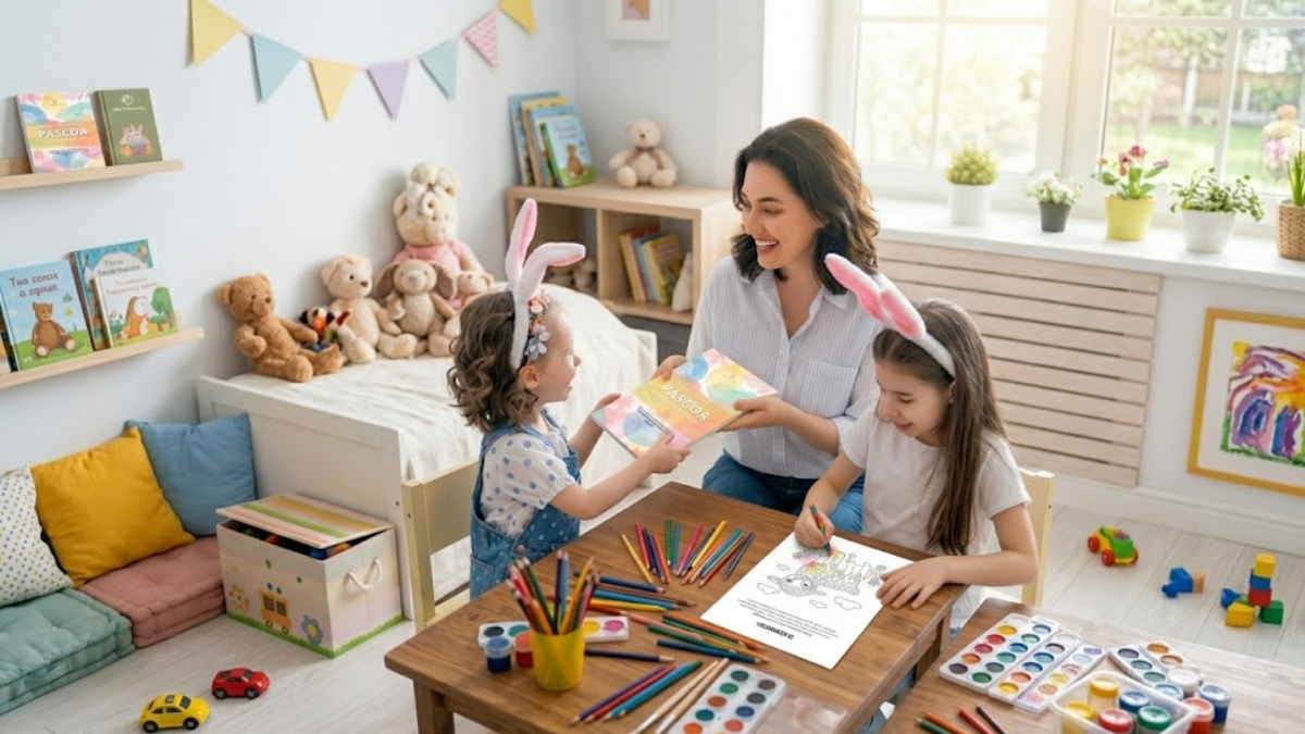 Mãe e duas filhas com orelhinhas de coelho colorindo desenhos de Páscoa na mesa