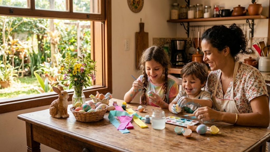 Mãe e duas crianças fazendo ovinhos de páscoa artesanais com cascas de ovos de galinha e papel crepom colorido