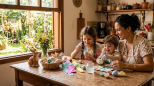 Mãe e duas crianças fazendo ovinhos de páscoa artesanais com cascas de ovos de galinha e papel crepom colorido