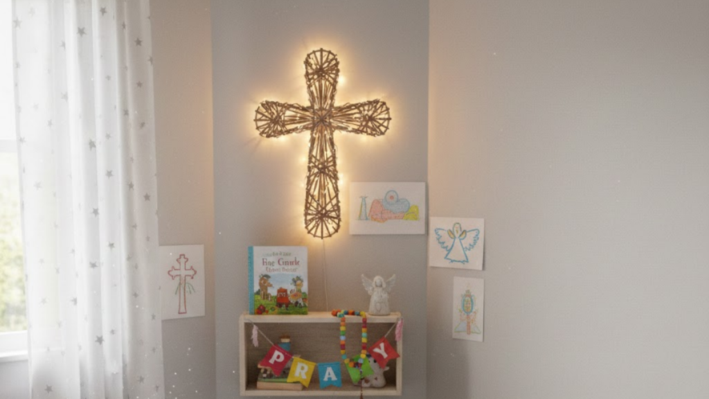 Quarto de criança com um crucifixo iluminado na parede e bandeirinhas escrito "pray" exemplificando Como Montar um Cantinho de Oração Infantil