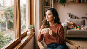 Uma mulher de pouco mais de 30 anos sentada perto de uma janela com uma xícara de café na mão, com um olhar contemplativo e sereno. Ela veste uma roupa casual, porém elegante. Ao fundo desfocado, brinquedos infantis são visíveis em um sofá. Luz suave da manhã, tons pastel de rosa e creme. Atmosfera acolhedora e inspiradora.