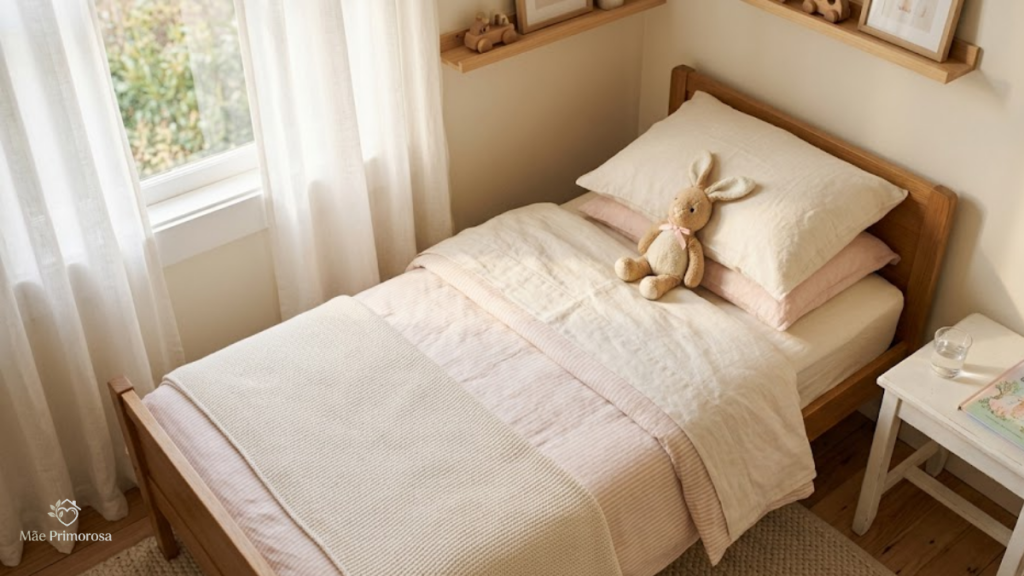 quarto de menina com cama arrumada e coelhinho de pelúcia sobre a cama