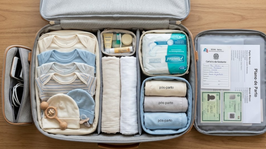 Bolsa da maternidade aberta com itens organizados para parto normal, incluindo roupas de recém-nascido, absorventes pós-parto e documentos