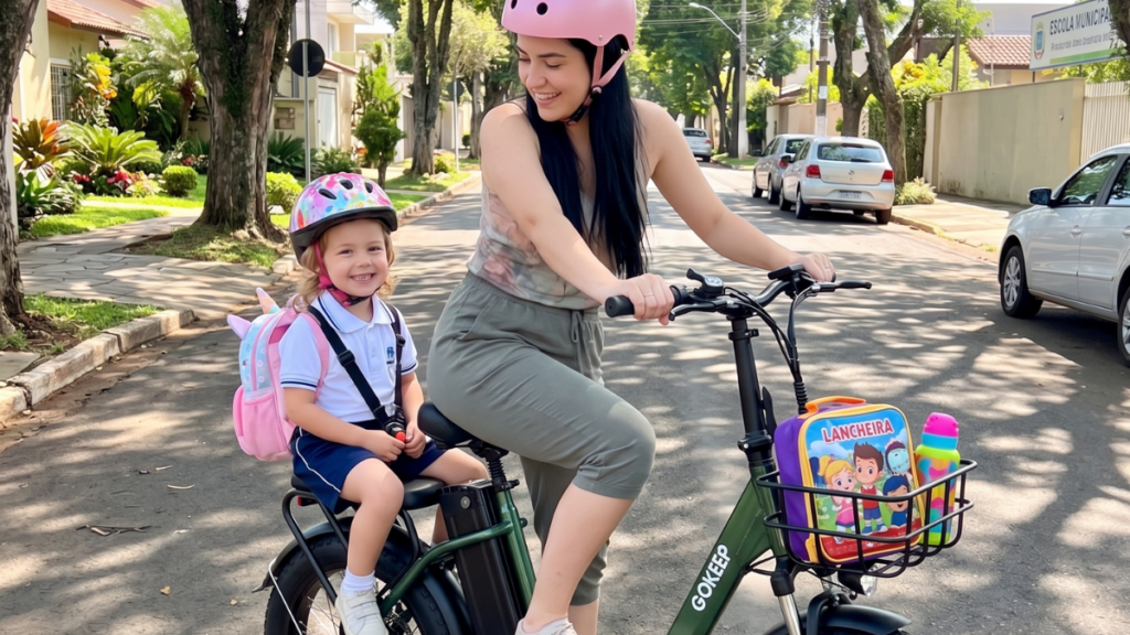 Mãe levando filha para a escola em uma bike elétrica