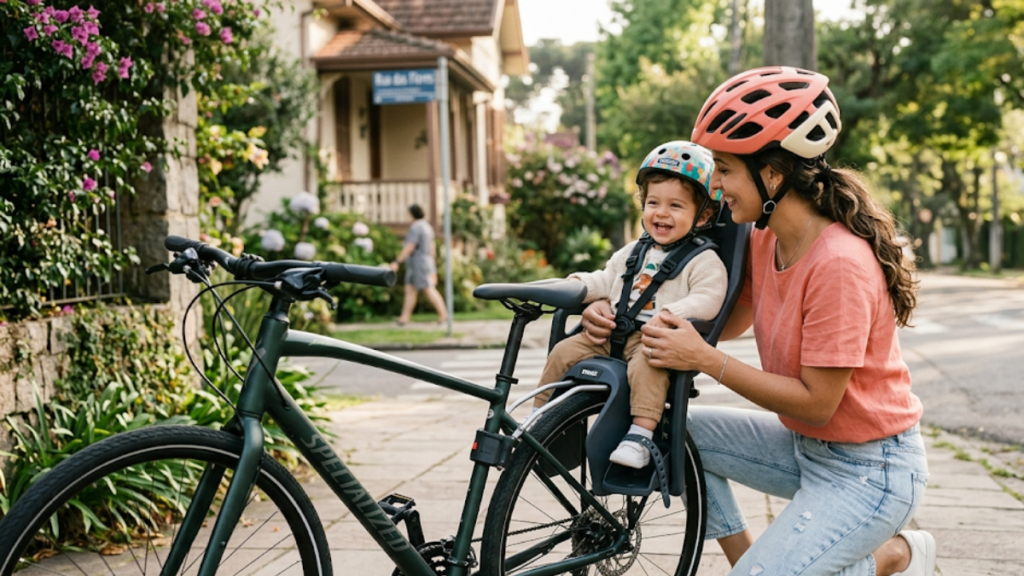 Mãe colocando o bebê na cadeirinha de bike