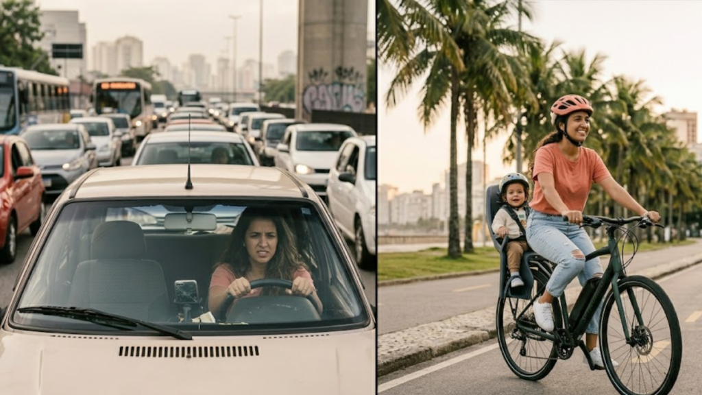 Mãe de carro presa no engarrafamento versus mãe de bicicleta elétrica pedalando com seu bebê