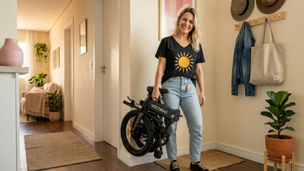 Mulher segurando sua bike dobrável elétrica para apartamento