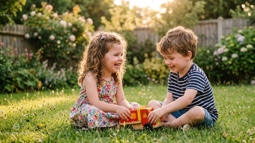 Crianças de 3 anos de idade brincando sentadas na grama para ilustrar o post sobre como Ajudar seu Filho a Fazer Amigos