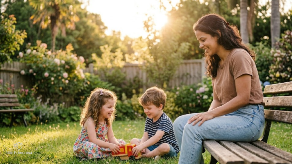 Crianças brincando com mãe ao ar livre.