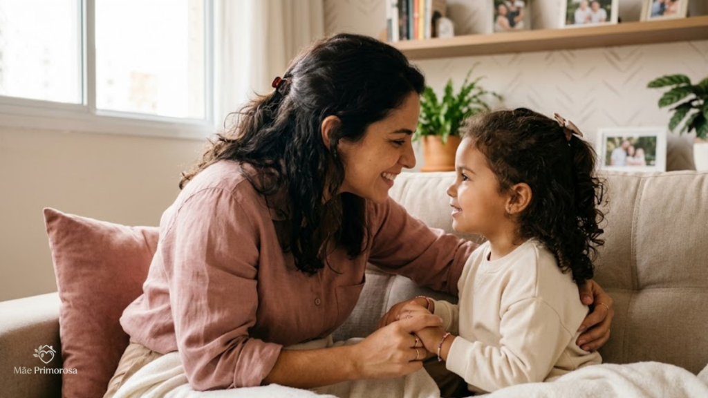 mãe ensinando criança a não mentir