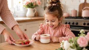Menina de 4 anos sentada à mesa com uma xícara de café com leite recebendo um pratinho de pão e frutas da sua mãe ajudando a esclarecer a partir de que idade criança pode tomar café