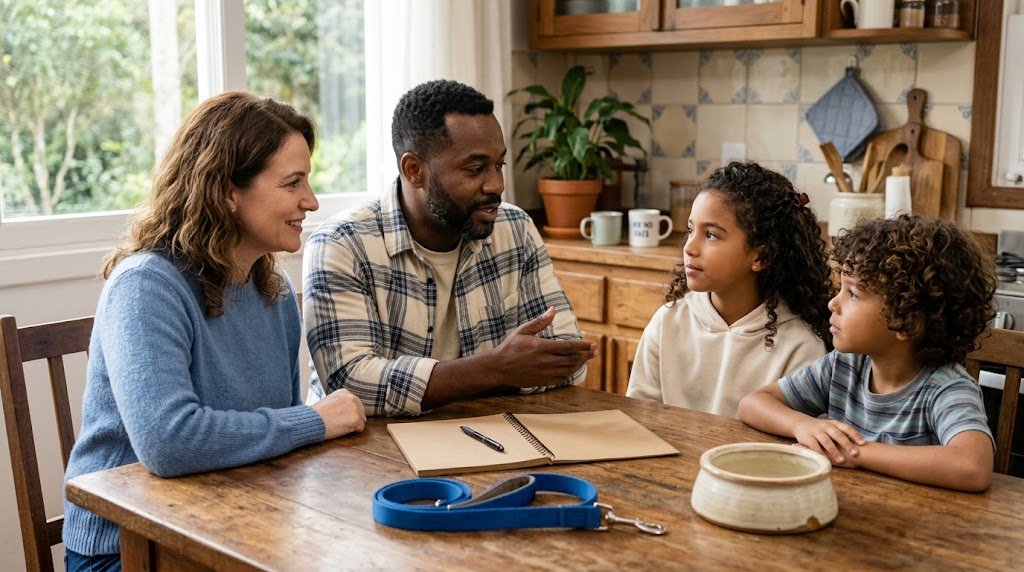 Família conversando à mesa da cozinha, com um caderno, uma guia e um pote de ração vazio, planejando a adoção