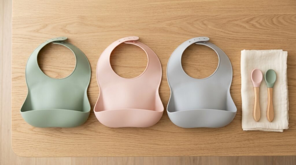Três babadores de silicone com bolso coletor lado a lado sobre mesa de madeira clara