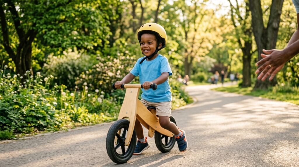 Menino negro pequeno de capacete amarelo andando de bicicleta de equilíbrio sem pedal em um caminho arborizado do parque