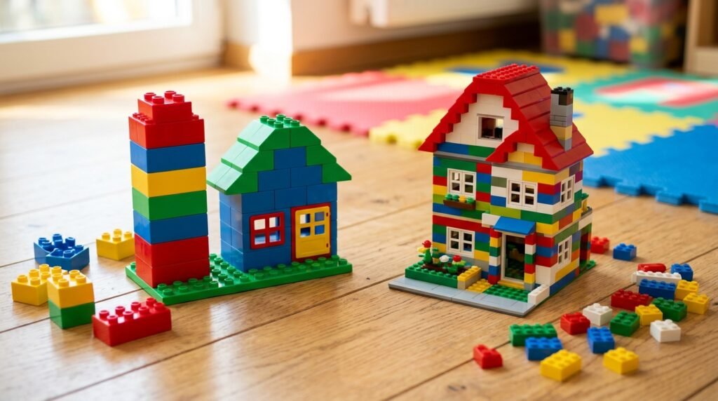 Construções coloridas com blocos de montar grandes e pequenos sobre piso de madeira clara