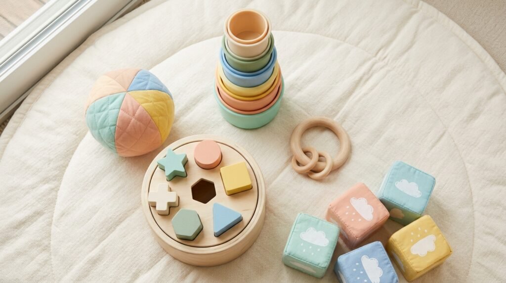 Brinquedos para bebê sobre tapete claro: potinhos de empilhar, bola de tecido, balde de encaixe, chocalho de madeira e blocos macios