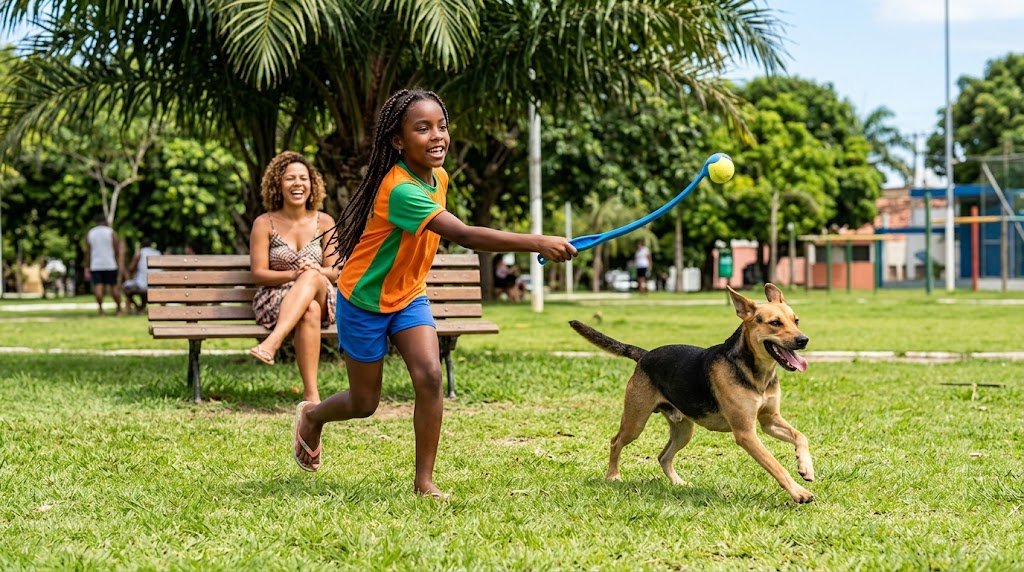 Menina lançando a bolinha com um lançador para o cachorro correr no parque, com a mãe observando