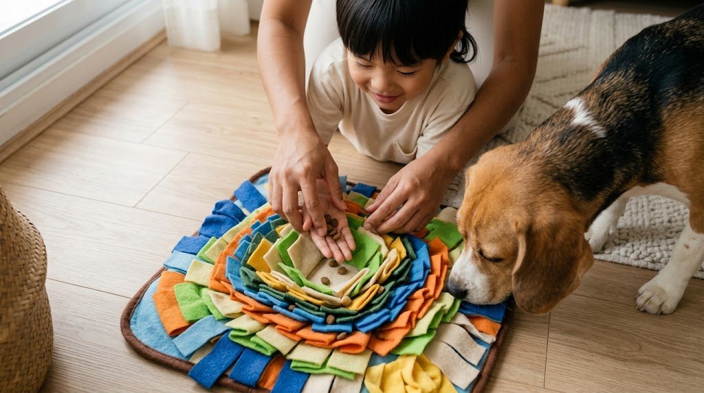Menino pequeno escondendo ração num tapete de farejar enquanto o cachorro fareja, com a mãe ajudando