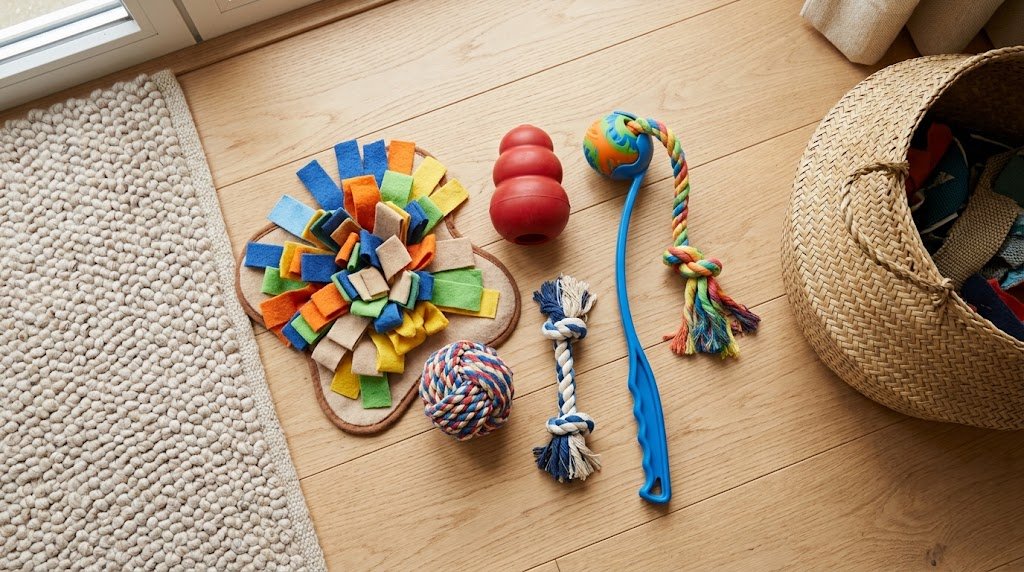 Brinquedos para cachorro organizados sobre o piso de madeira: recheável de borracha, lançador de bolinhas, bola com corda e tapete de farejar