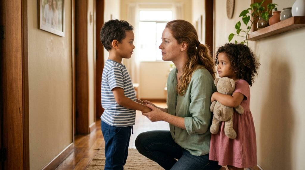 Mãe ruiva ajoelhada conversando com o filho pequeno segurando as mãos dele, enquanto a irmã mais nova observa abraçada a um bichinho de pelúcia
