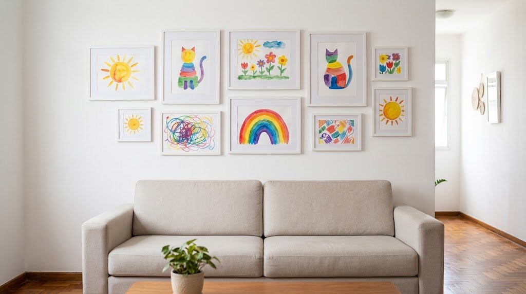 Parede de galeria com molduras brancas iguais exibindo pinturas coloridas feitas por crianças