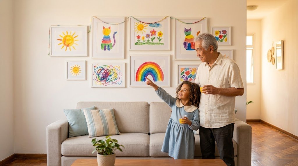 Avô nipo-brasileiro e a neta observando as pinturas dela expostas na parede, como numa exposição