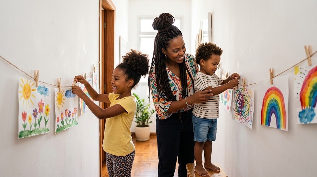 Mãe negra e os dois filhos pendurando desenhos coloridos num varal de arte na parede do corredor