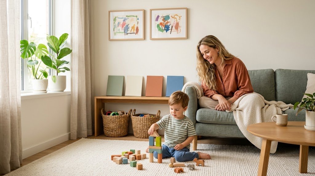 Mãe loira no sofá observando o filho pequeno brincar no tapete de uma sala decorada e organizada, com cestos e desenhos na parede