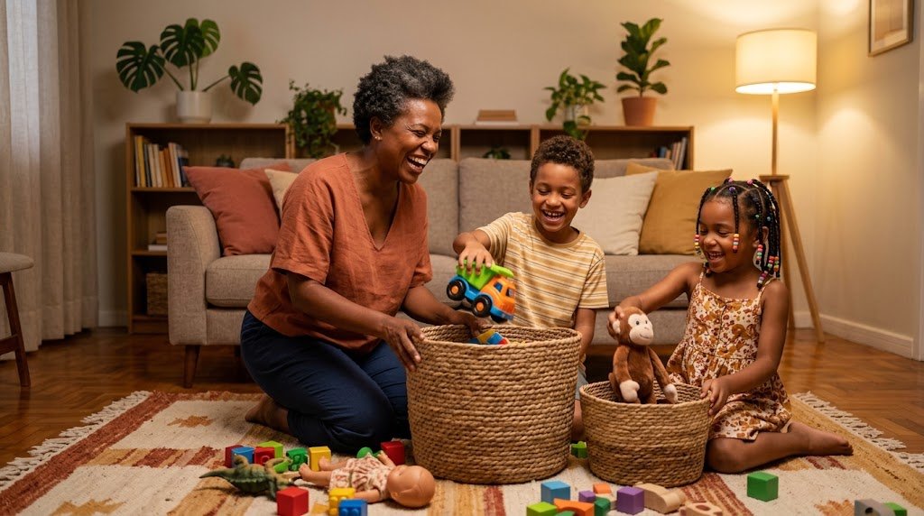 Mãe de cabelos grisalhos e os dois filhos guardando os brinquedos em cestos na sala, no fim do dia