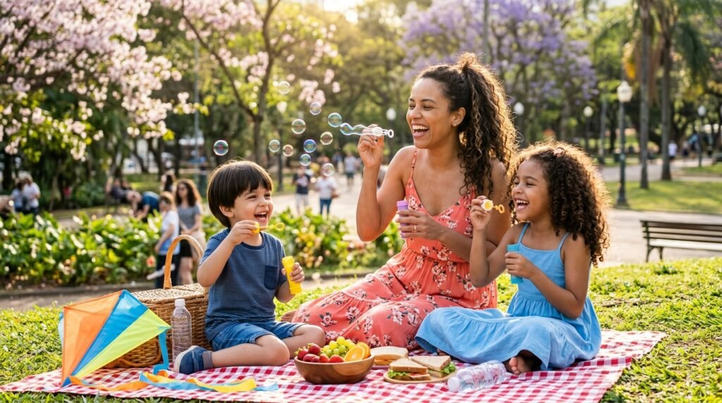 Mãe parda de cabelo cacheado fazendo piquenique no parque com os dois filhos, os três soprando bolhas de sabão