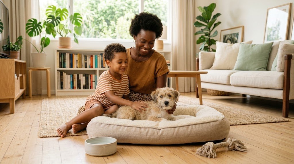 Mãe negra e o filho acariciando um filhote de cachorro deitado numa caminha, na sala de casa