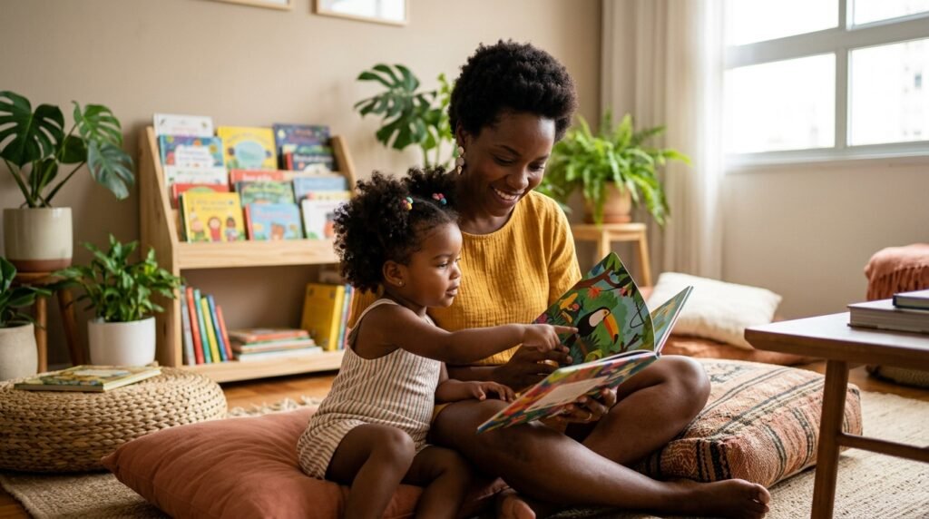 Mãe negra de cabelo crespo curto lendo um livro ilustrado para a filha pequena sentada no colo, em sala aconchegante com estante de livros