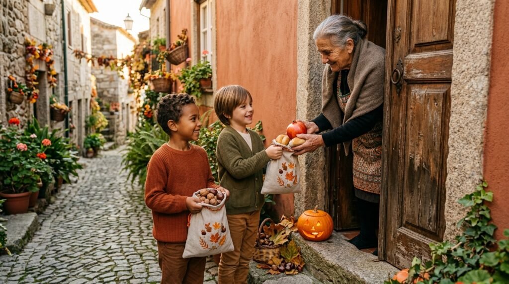Duas crianças com saquinhos de pano recebendo pão, nozes, castanhas e romã de uma vizinha, na tradição portuguesa do Pão-por-Deus