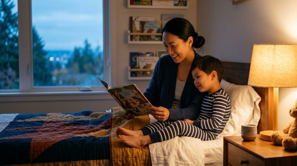 Mãe nipo-brasileira lendo um livro para o filho de pijama na cama, sob a luz quente de um abajur