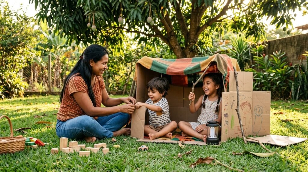 Mãe de ascendência indígena brincando no quintal com os dois filhos, que constroem uma cabaninha com caixas de papelão e um lençol