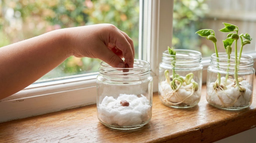 Mãos de criança colocando um feijão no algodão dentro de um pote de vidro, ao lado de brotos já germinados