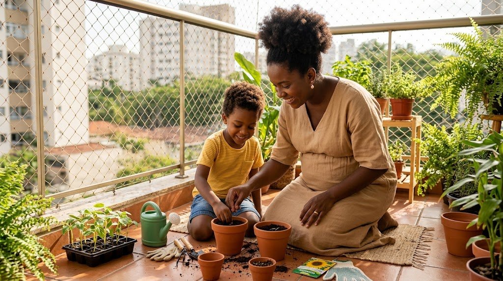 Mãe negra grávida e o filho plantando sementes em vasinhos de barro na varanda do apartamento
