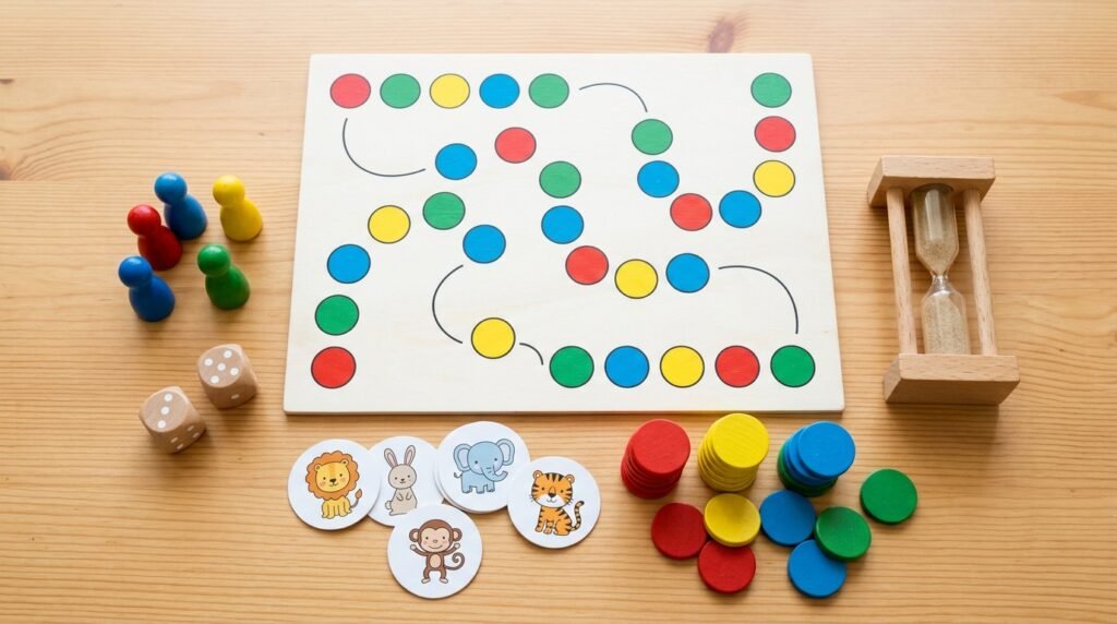 Peças coloridas de jogos de tabuleiro infantis, dados, cartas e peões sobre mesa de madeira clara