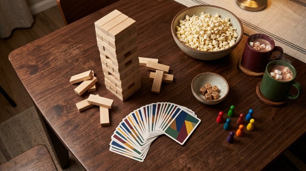 Mesa de noite de jogos em família com torre de blocos de madeira, cartas, tabuleiro, dados e pipoca