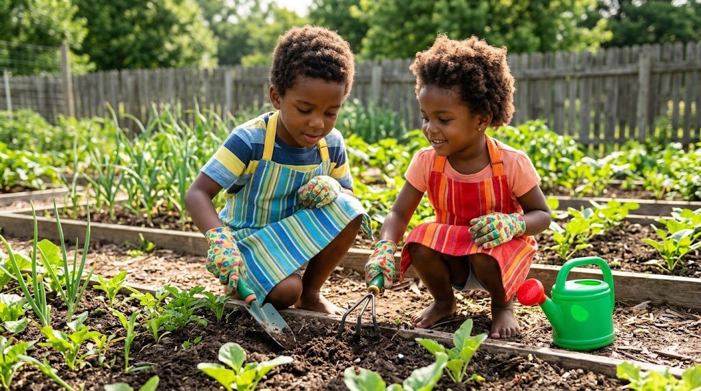 Irmãos pequenos de avental e luvas cavando um canteiro com ferramentas de jardinagem infantis