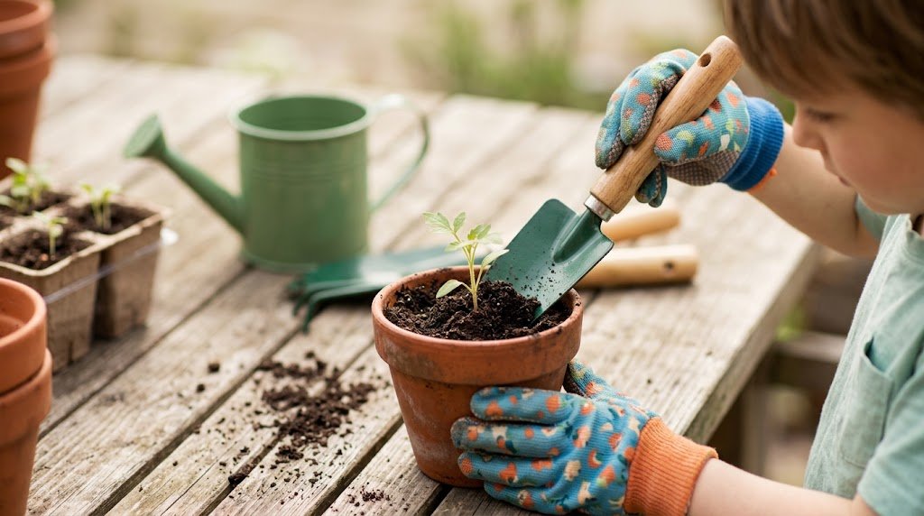 Mãos de criança com luvas plantando uma muda num vaso de barro com uma pazinha