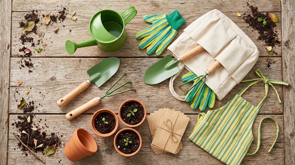 Kit de jardinagem infantil sobre mesa de madeira, com regador pequeno, pazinha, rastelo, luvas coloridas, avental e vasinhos com mudas