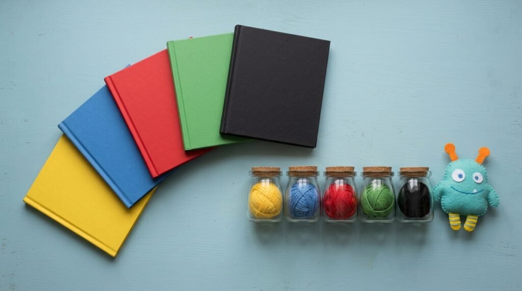 Livros infantis de capas coloridas em leque ao lado de potes de vidro com novelos de lã de cada cor e um monstrinho de feltro