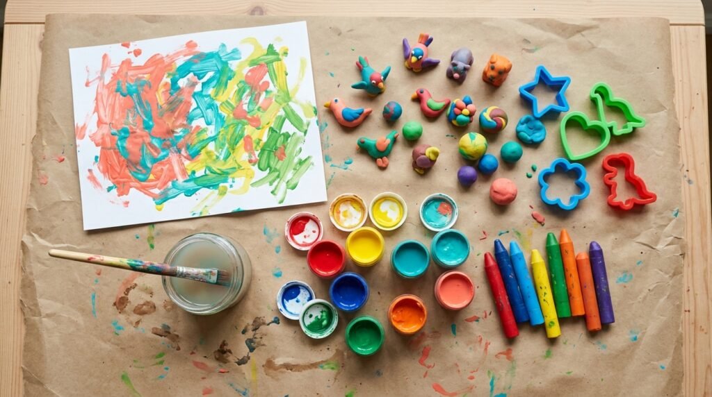 Mesa de arte infantil forrada com papel kraft, com massinhas coloridas, potes de guache, gizes de cera e uma pintura feita com os dedos
